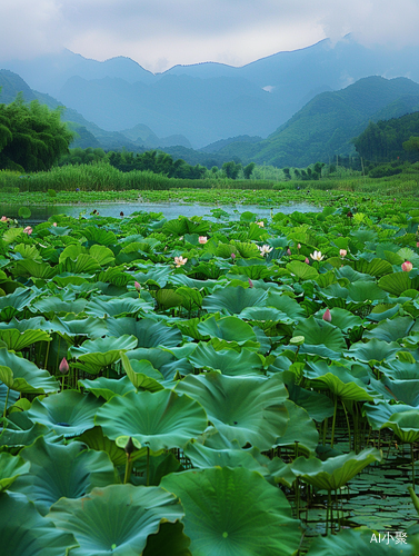 南方绿色稻田：莲花龙桥与睡莲之美