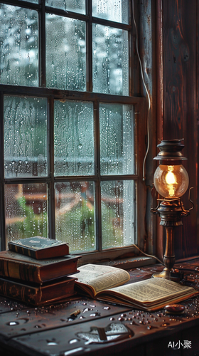 窗外大雨，书桌台灯