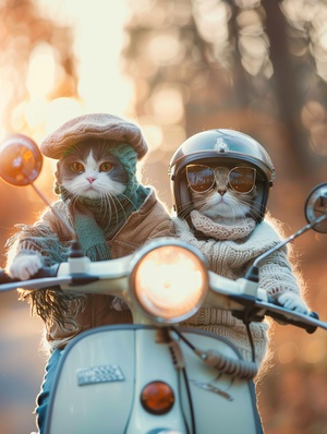 Two cute little cats riding an electric motorcycle, wearing a hat and helmet, in a cute style, photography, cute cat photos, cute cat pictures, cute style, cute style, high definition details, cute cat wallpaper, cute little cat in a sweater and helmet driving an electric bicycle