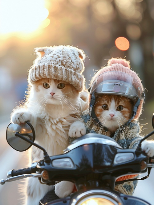 Two cute little cats riding an electric motorcycle, wearing a hat and helmet, in a cute style, photography, cute cat photos, cute cat pictures, cute style, cute style, high definition details, cute cat wallpaper, cute little cat in a sweater and helmet driving an electric bicycle