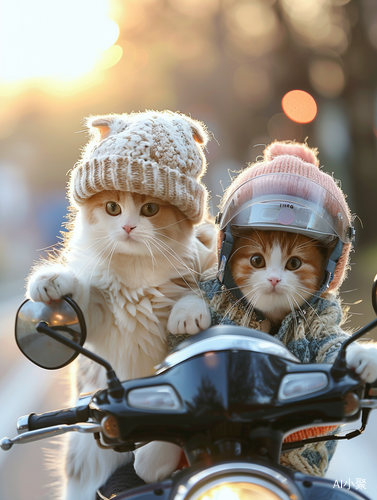 Cute Cats Riding Electric Motorcycle