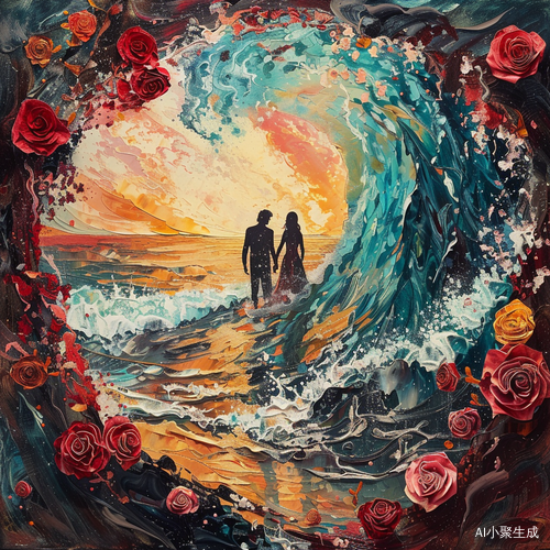 爱在夕阳礁石海浪中盛开