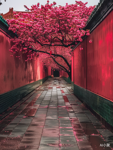 雨天巷子桃花红墙