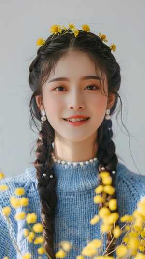 Chinese beauty, real person, long hair in two braids with yellow flowers on the head of each braid, wearing a blue sweater and pearl earrings, smiling, light background, high definition photography, front facing photo, solid color knitted shirt in the style of light background, high definition photography.