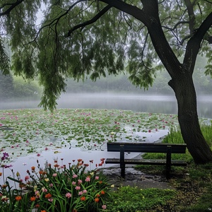 湖边的一棵柳树,绿叶在细雨和雾气蒙蒙的微风中摇曳,湿地上覆盖着各种颜色的小花漂浮在水面上,垂柳下的长椅,平静的池塘映照着天空,电影风格的高清摄影,高分辨率,高细节,为场景增添了深度。在iPhone手机屏幕上,一个相机照片显示在一个XAtlantik轮廓框架上方,增加了视觉吸引力。背景具有模糊效果。