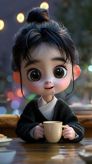 3D cartoon of an adorable girl sitting at a table, wearing a black short-sleeved shirt and white skirt, with big eyes, long eyelashes, holding a coffee cup, with black hair in an updo braid with bangs, in a night scene, in the style of Disney, with bright colors, as a full body shot, with high resolution, high detail, and cinematic lighting, as a masterpiece, with best quality.