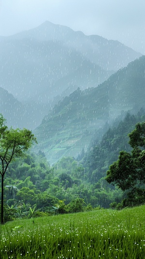 细雨绵绵春意寒，轻烟袅袅绕山间，山谷中隐约传来鸟语花香。蓝灰色的天空中弥漫着湿润的气息，微风轻拂着细雨滴在花瓣上。湿润的草地上，翠绿的小草仍然挺立着，它们身上沾满了雨露的痕迹。水滴顺着叶片滚落，在细雨中形成美丽的水珠。山间的青石路上映着微弱的光芒，被细雨洗涤得更加干净。在这样的春天，小鸟们在树梢上低语，花朵们含苞待放，山间弥漫着一片神秘而宁静的氛围。