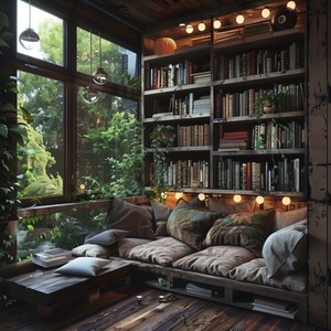 Cozy small city loft with bookshelves and shelves, big windows overlooking the jungle outside, cozy lights, wood accents, built-in wooden sofa bed with pillows, tiny lit up reading nook above the window, small space filled with books, rustic, cozy. ar 103:128