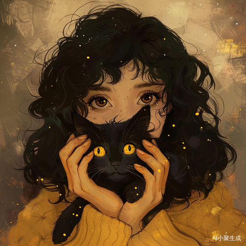 懒洋洋的卷发潮流女孩与黄眼小黑猫