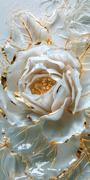 White and gold rose, golden lines,delicate details, exquisite craftsmanship, translucent resin sheeting material, glass texture, gold leaf embellishment on the petals of white roses, gorgeous and noble atmosphere. The petals were embellished in the style of by delicatedetails and exquisite craftsmanship.8k