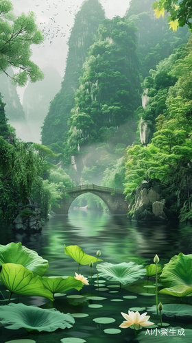 治愈系美景-青山绿水与荷叶荷花小拱桥