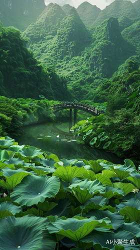 治愈系美景-青山绿水与荷叶荷花小拱桥