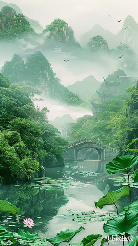 治愈系美景-青山绿水与荷叶荷花小拱桥