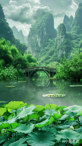 治愈系美景-青山绿水与荷叶荷花小拱桥
