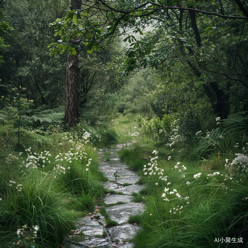 蜿蜒石板小路穿过茂密高大的森林