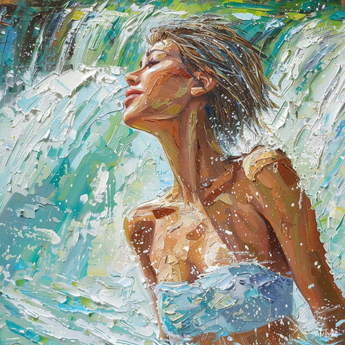 Beautiful impressionist oil painting of a girl in a waterfall