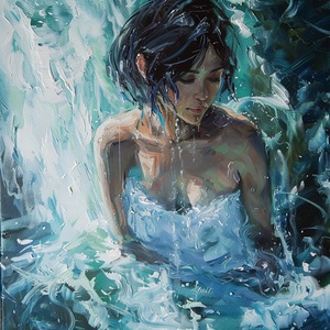 Oil painting on canvas, impressionist tendencies, beautiful girl standing in a waterfall, clavicle close-up, the upper body is above the water surface, very short hairstyle, curvy, expressive brushstrokes, in the style of fantasy art, expressive brushstrokes, I can't believe how beautiful this is, stylize 750.