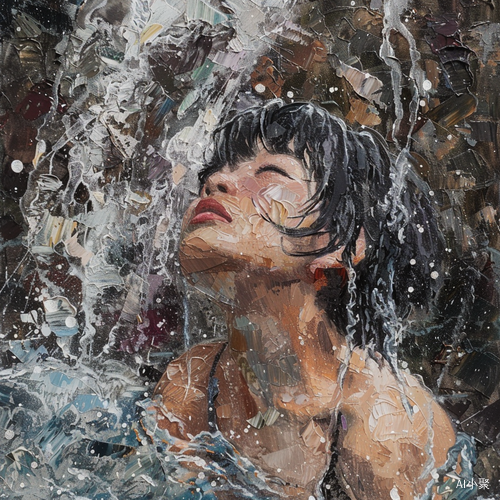 Beautiful impressionist oil painting of a girl in a waterfall