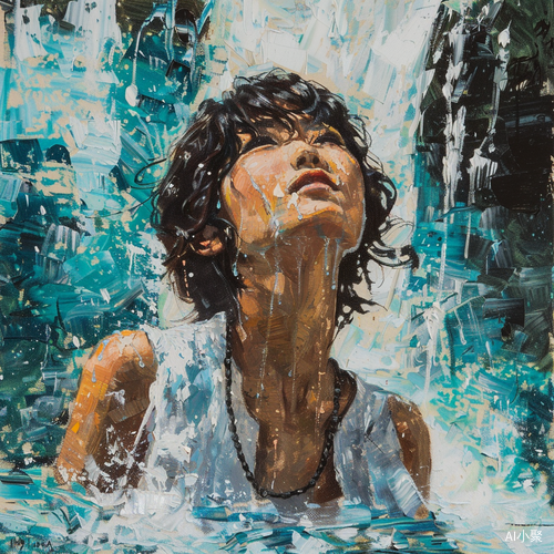 Beautiful impressionist oil painting of a girl in a waterfall