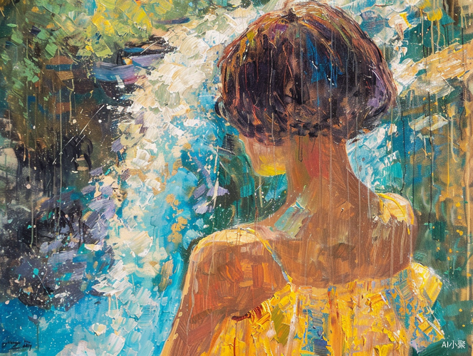 Beautiful impressionist oil painting of a girl in a waterfall