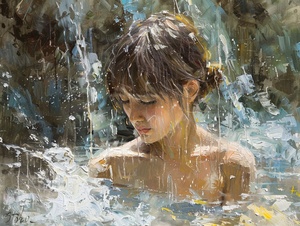 Oil painting on canvas, impressionist tendencies, beautiful girl standing in a waterfall, clavicle close-up, the upper body is above the water surface, very short hairstyle, curvy, expressive brushstrokes, in the style of fantasy art, expressive brushstrokes, I can't believe how beautiful this is, stylize 750.