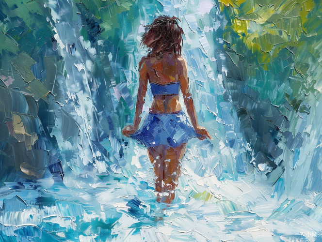 Beautiful impressionist oil painting of a girl in a waterfall