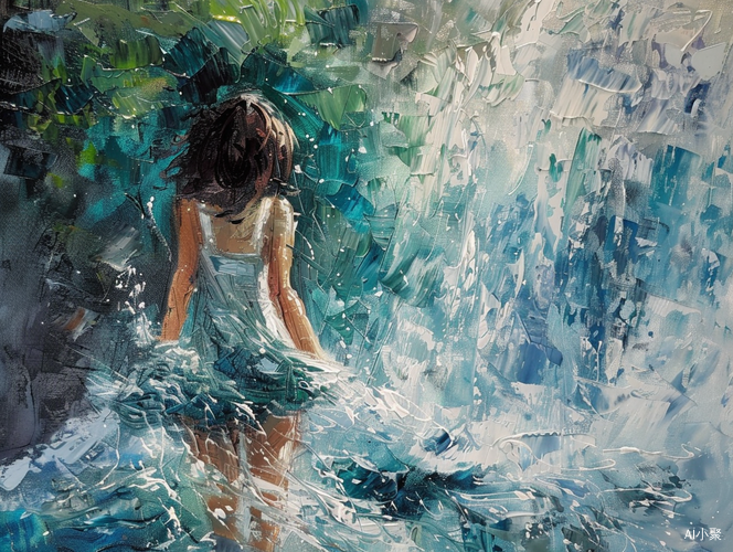 Beautiful impressionist oil painting of a girl in a waterfall