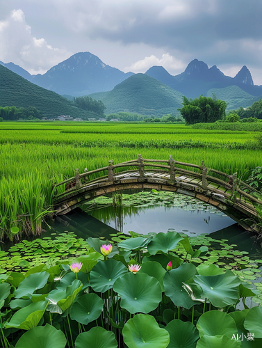 手机高清旅拍：绿色稻田、荷花小桥、龙型植物桥