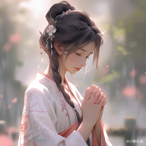 祈祷的中国女孩：浪漫插图中的优雅情感