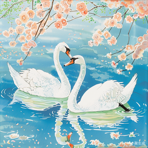 春天赛里木湖两只白天鹅欢乐嬉戏