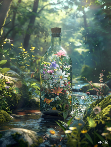 Dreamy Forest Stream Bottle: Hyperrealistic Photography