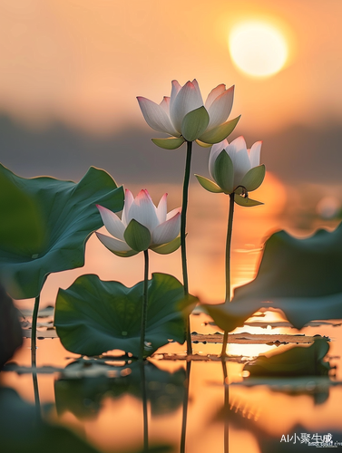 Serene Sunset Reflections on Small River with Lotus Flowers