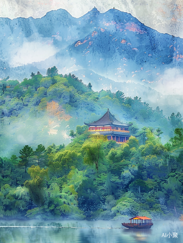 中国风古建筑山顶美景