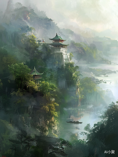 中国风古建筑山顶美景