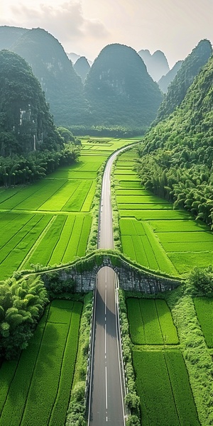 一条道路中间有一座拱桥,两侧是绿色的稻田，背后是一座巨大的山脉，呈现出中国山水风格的画面，高清摄影照片，自然光线，令人叹为观止的风景，高分辨率，俯视图，鸟瞰图，高角度视角。公路穿过两座山并位于山谷之上。三个岛屿的每侧尽头各有一个巨大的石门,形成了一个拱形的门形。