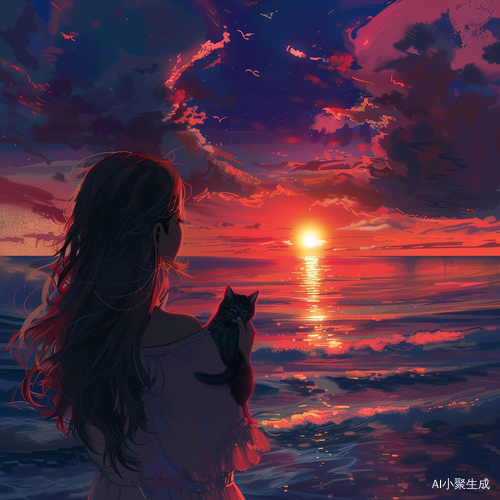 女孩与猫：海上日落