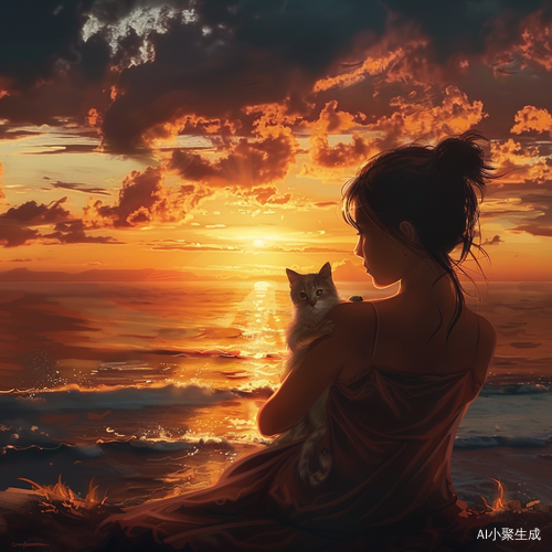 女孩与猫：海上日落