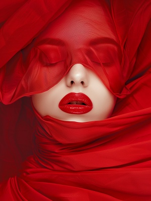 beautiful woman with her eyes covered in red silk , photographed in the style of fashion photographer Hedi Slimane . The background is an abstract composition made entirely of red fabric Her lips have glossy lipstick on them s 1000