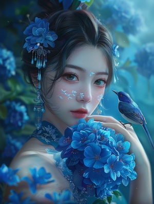 Animated wallpaper of a Chinese girl holding blue flowers , majestic character modeling , futuristic charm , glowing portrait , I can ' t believe how beautiful this is , lifelike bird illustrations , exaggerated facial features , rococo realm