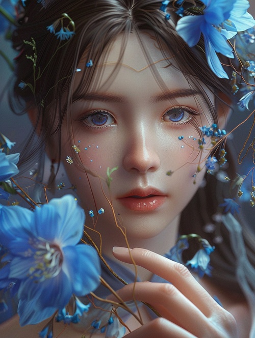 Animated wallpaper of a Chinese girl holding blue flowers , majestic character modeling , futuristic charm , glowing portrait , I can ' t believe how beautiful this is , lifelike bird illustrations , exaggerated facial features , rococo realm