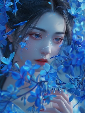 Animated wallpaper of a Chinese girl holding blue flowers , majestic character modeling , futuristic charm , glowing portrait , I can ' t believe how beautiful this is , lifelike bird illustrations , exaggerated facial features , rococo realm