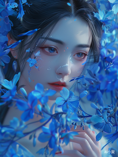 Majestic Chinese Girl with Blue Flowers Animated Wallpaper