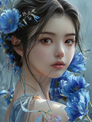 Animated wallpaper of a Chinese girl holding blue flowers , majestic character modeling , futuristic charm , glowing portrait , I can ' t believe how beautiful this is , lifelike bird illustrations , exaggerated facial features , rococo realm