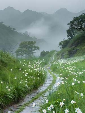 细雨绵绵春意寒，轻烟袅袅绕山间，山谷中隐约传来鸟语花香。蓝灰色的天空中弥漫着湿润的气息，微风轻拂着细雨滴在花瓣上。湿润的草地上，翠绿的小草仍然挺立着，它们身上沾满了雨露的痕迹。水滴顺着叶片滚落，在细雨中形成美丽的水珠。山间的青石路上映着微弱的光芒，被细雨洗涤得更加干净。在这样的春天，小鸟们在树梢上低语，花朵们含苞待放，山间弥漫着一片神秘而宁静的氛围。