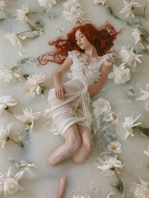 fashion photograph , Japanese supermodel , Advertising photo of milk _ bath , Lying in the White milk ocean , Her legs bent to the sides . She is barefoot , Red long hair , White flowers blooming in milk , vitruvian man , studio light , shot from above , portra 800, Look at the camera , Ren hang , wet , Spectacular large scene , full body