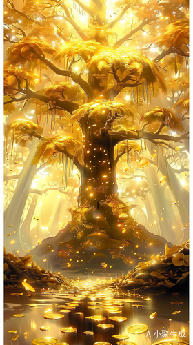 金色幻境-水边巨大金光树木与洒落金币