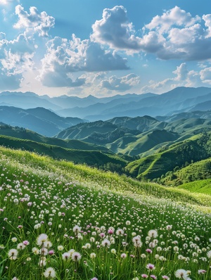 满山遍野的格桑花，远处是起伏的青山，天空上是悠闲的白云