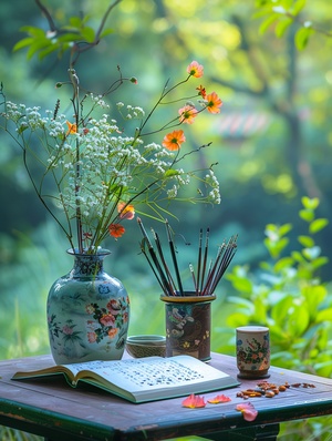 一个小桌子，桌上有一个花瓶，花瓶里插着花，花瓶的旁边是一个笔筒，笔筒里放有几支毛笔，桌前还有一本打开着的书本，书上有少量花瓣，照片风格禅意风，户外拍摄，全景，高清摄影，细节丰富，绿意背景虚化