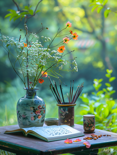 自然清幽：花瓶与书本共桌照片