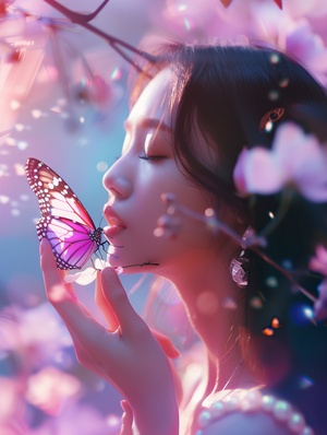 Girl and butterfly , hand movements , dreamy , beautiful light , pink tone , baodada . ultra - high - definition images ar 3:4 stylize 800 niji 6